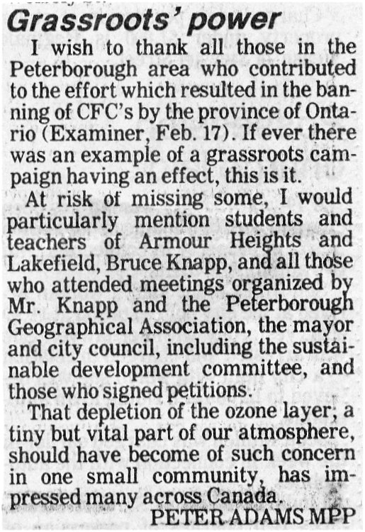 1988 Peter Adams praise for Bruce Knapp and Armour Heights ozone control